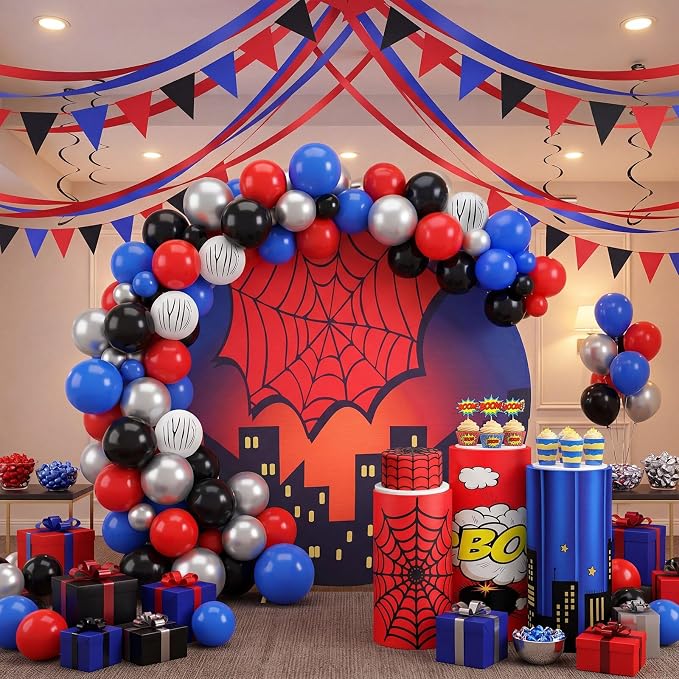 146 Pcs spider Arch Backdrop Cover Cylinder Stand Covers balloons set for party Photo Props 7.2 feet Round Backdrop spider Spandex Pedestal Covers for Birthday Baby Shower Ceremony Party Decor