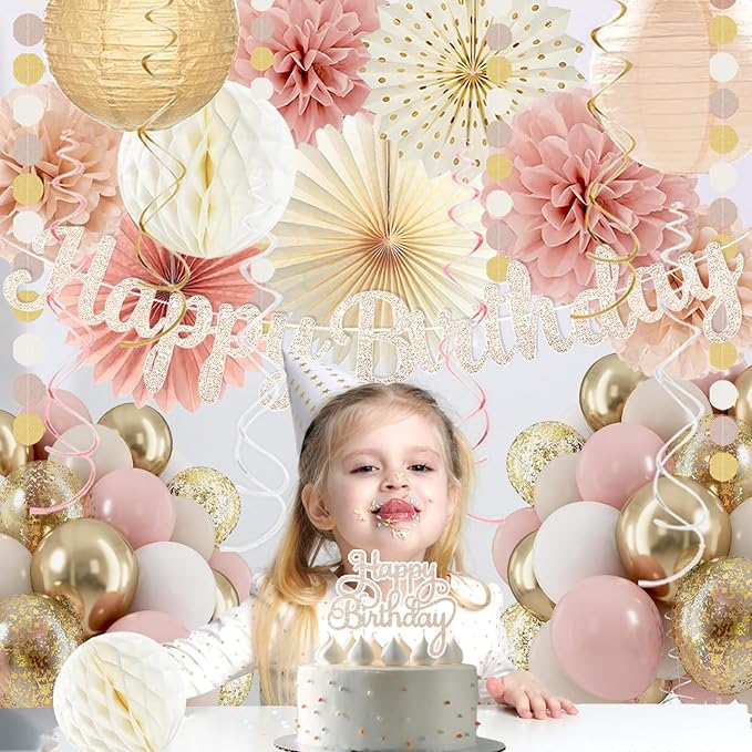 Boho-Pink Birthday Decorations, Happy Banner, Women Paper Lanterns Honeycomb, One Sweet Peach Streamers Garland, Retro Blush Pink Beige Metallic Gold Balloon for Birthdays Party Décor