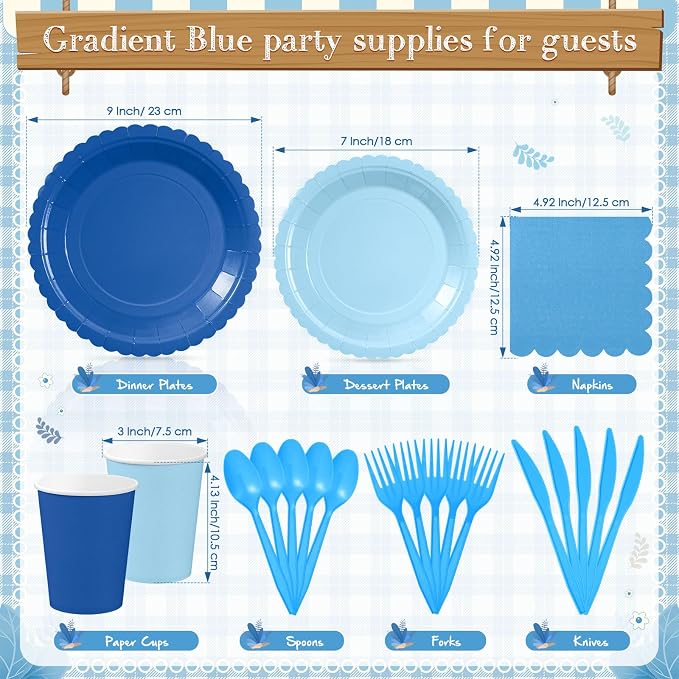 Zhehao 175 Pcs Blue Party Supplies Set Blue Disposable Tableware Kit with Plates, Cups, Napkins, Cutlery Ocean Sea for Shark Pool Baby Shower, Birthday, Wedding Forest Events