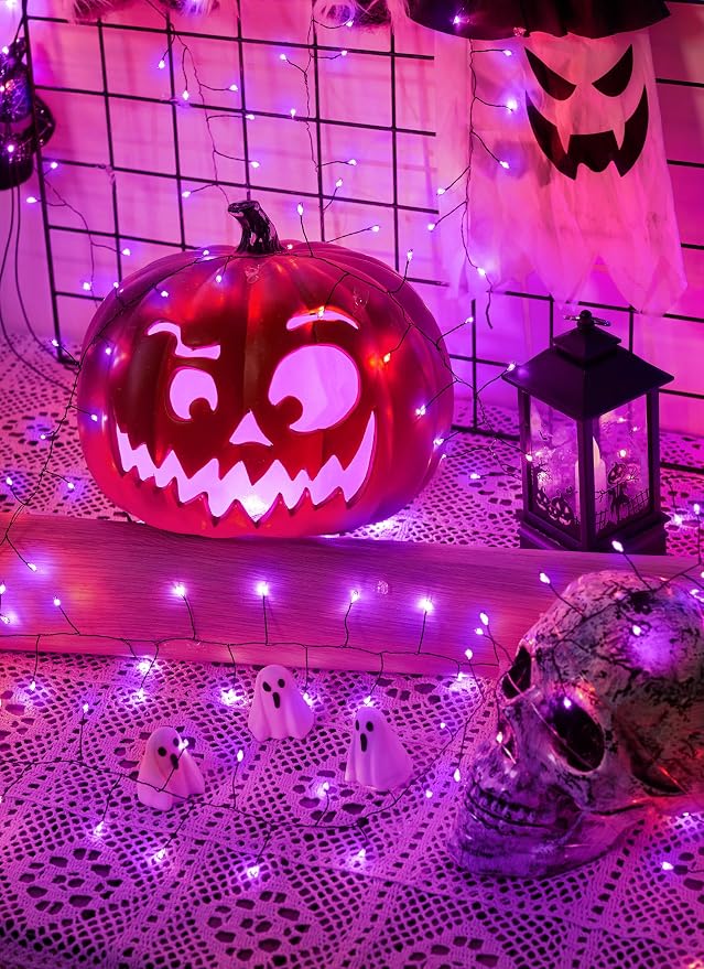 Halloween Solar String Lights Outdoor Waterproof, 19.6Ft 240 LED 8 Modes | Solar Fairy Lights Halloween Lights Outdoor, Waterproof Twinkle Firecracker Light for Patio Yard Trees, Purple