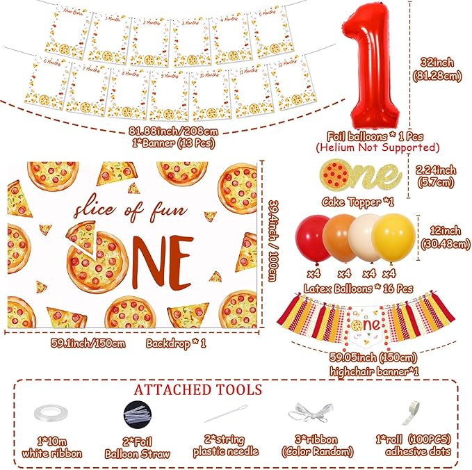 Pizza 1st Birthday Party Decorations - Pizza Theme 1st Birthday High Chair Banner and Photo Banner Slice of Fun Backdrop Fast Food Pizza Cake Topper Red Yellow Balloons for Kids First Bday Supplies