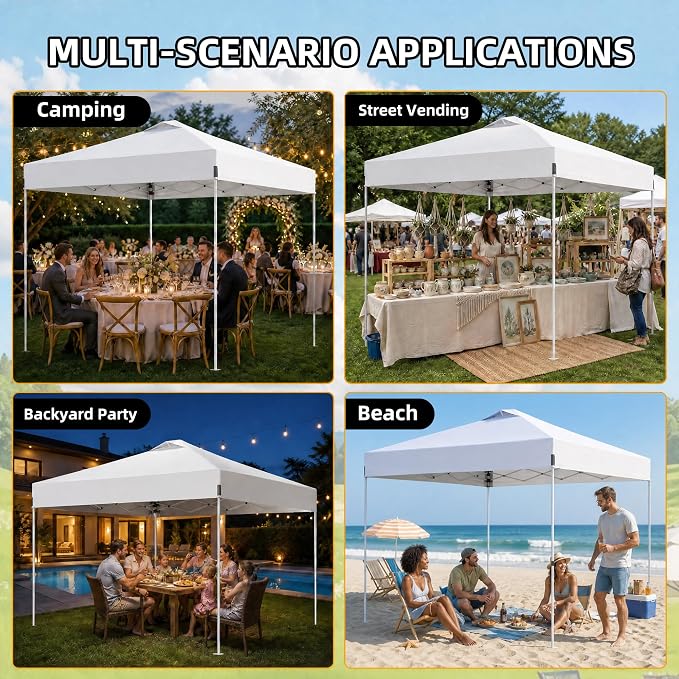 10x10 Pop Up Canopy One Push Setup Portable Heavy Duty Outdoor Beach Tent with 3 Heights & 4 Sandbags Sun Shade with Rolling Bag for Events Parties Camping, White