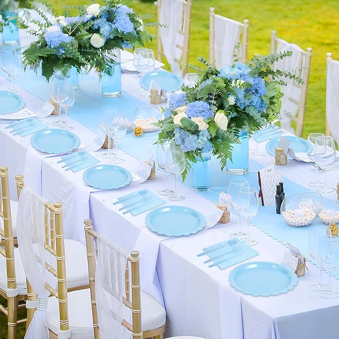 350 Pcs Light Blue Paper Plates and Napkins, Boy Baby Shower Decorations Include Scalloped Plates Napkins Cups for Kindergarten Graduation, Bridal Shower, Summer Wedding, Birthday