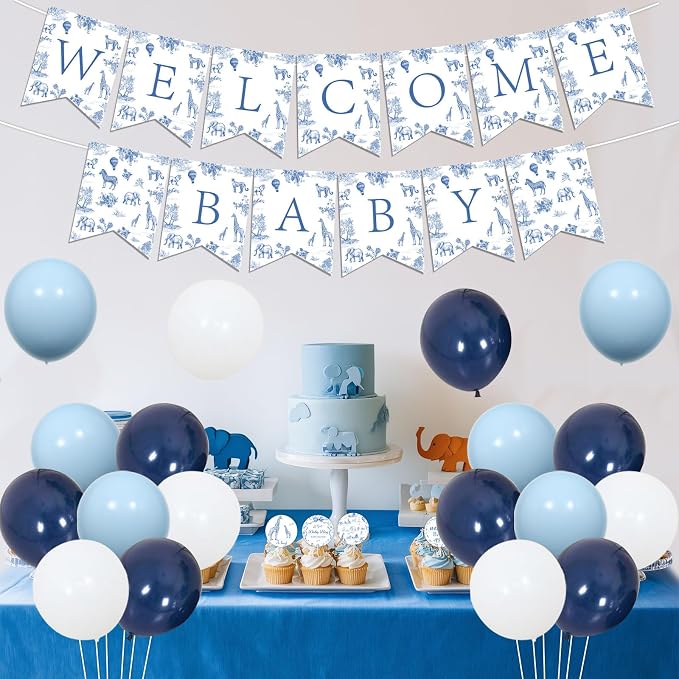 Blue Safari Baby Shower Decorations Safari Animals Theme Welcome Baby Banner Backdrop Cupcake Toppers Mom to Be Sash with Balloons Kit for Boys Baby Shower Gender Reveal Party Supplies