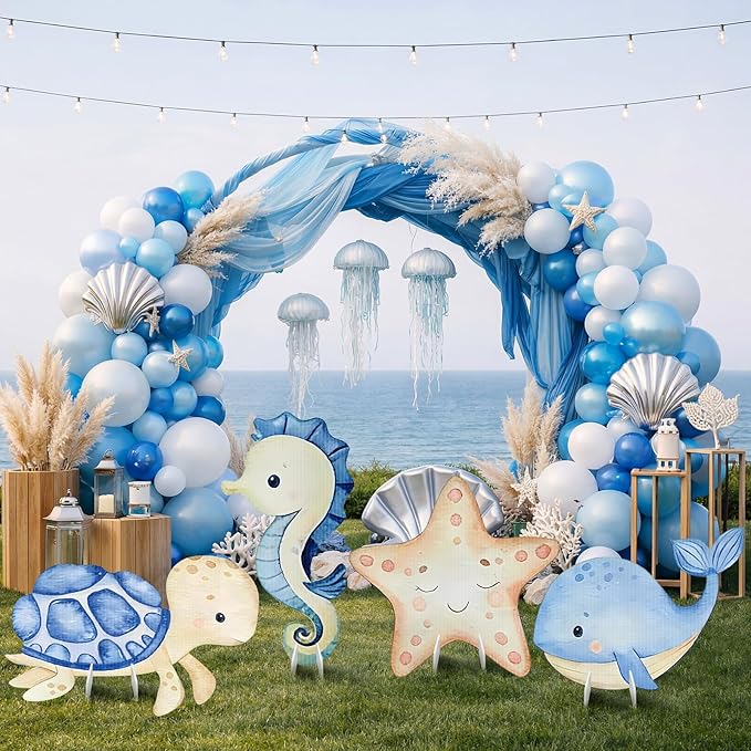 4 Pack Under The Sea Baby Shower Decorations 23 Inch Sea Animal Themed Party Cardboard Cutout Blue Turtle Seahorse Starfish Shell Stand-ups Ocean Theme Photo Booth Props(4 Pcs, Marine)