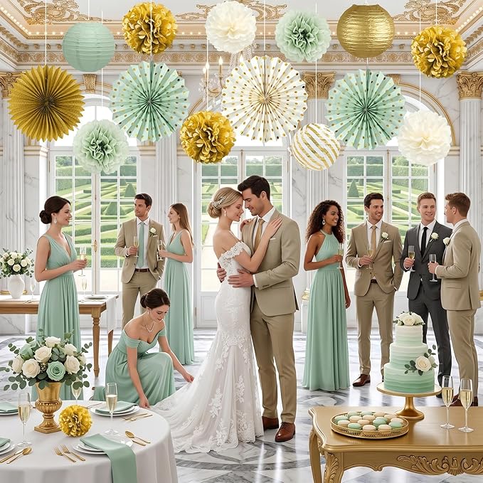 ADLKGG Sage Green Party Decorations, 14 Pcs Green and Gold Hanging Paper Fans, Lanterns, Pom Poms - Elegant Backdrop for Baby Shower, Bridal Shower, Birthday, Wedding, Engagement Party
