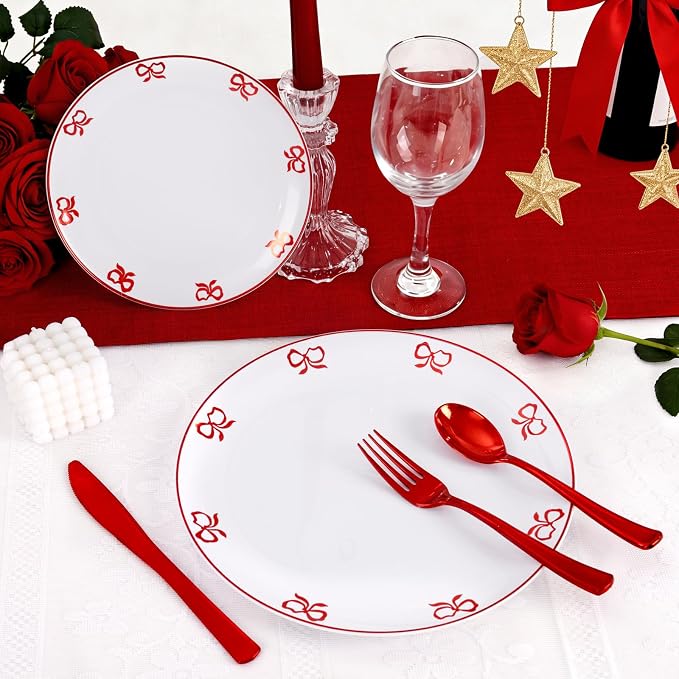 125PCS Red Bow Plastic Plates - White and Red Rim Disposable Plates - 50 Elegant Plates with Bowknot Patterns, 25 Forks, 25 Spoons, 25 Knives for Birthday Wedding Party