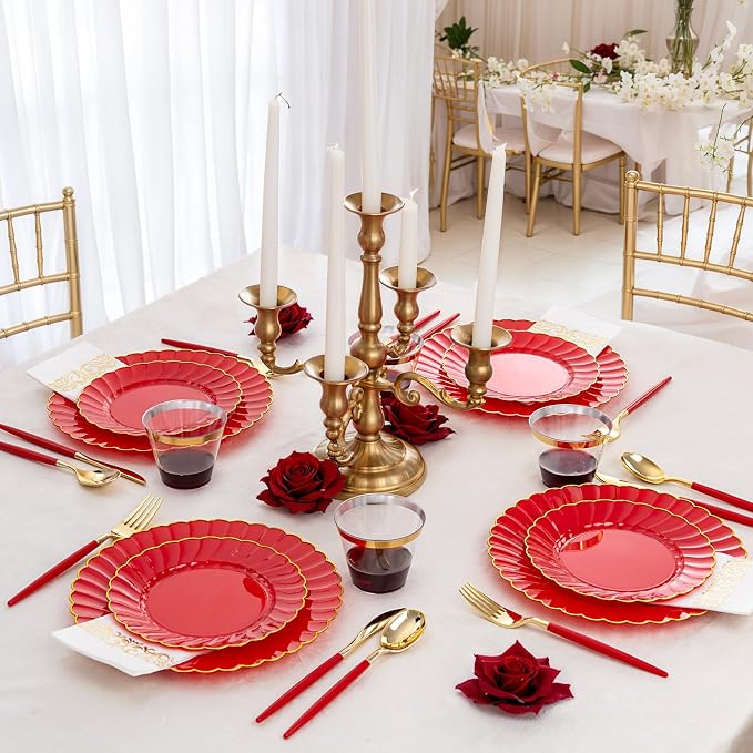 Ciaell 175 PCS Red Scalloped Plastic Plates with Gold Trim - Red Plastic Silverware with Handle - Fancy High-End Dinnerware Sets for Wedding & Party