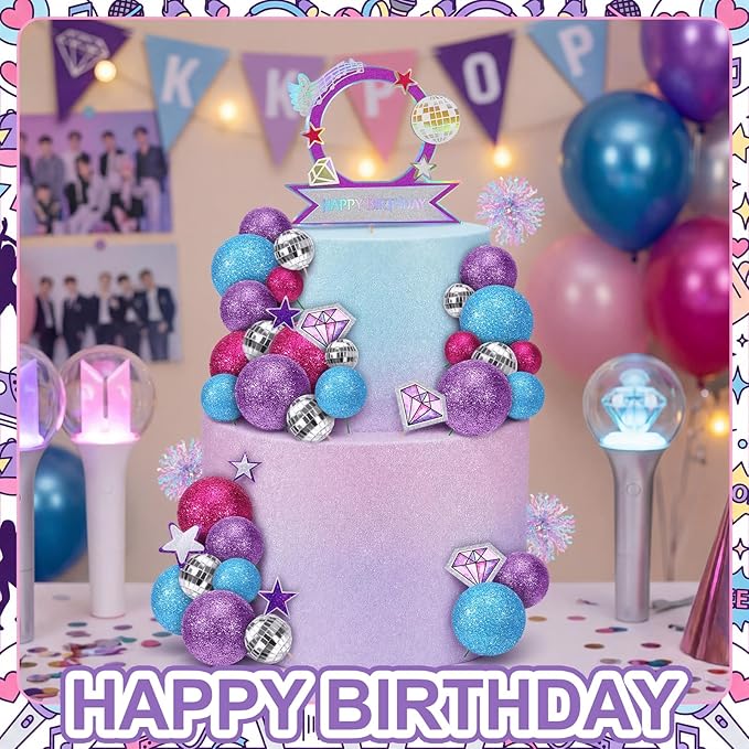 Sanwuta 77 Pcs Kpop Theme Party Cake Topper Set Disco Ball Glitter Ball Star Diamond Insert Foil Fireworks and Cake Standee for Kpop Theme Birthday Graduation Music Lover Decors
