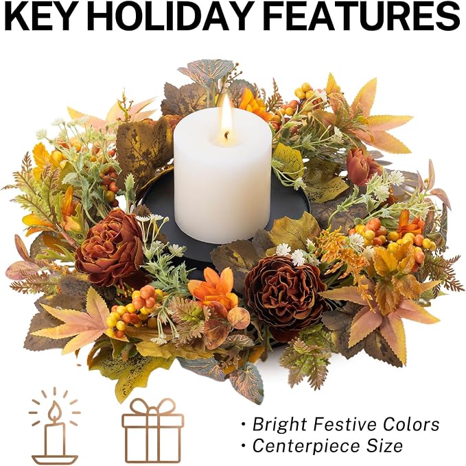 MOYEE Autumn Centerpieces for Tables Candle Ring, Black Metal Candlestick with an Artificial Wreaths 14 in Versatile Dining Table Centerpiece Decor (Austin Rose Wreath)