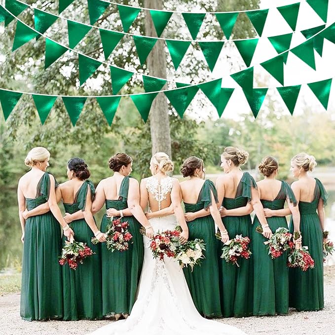 Green Party Decorations Triangle Pennant Banner Flag Dark Green Metallic Fabric Bunting Garland for Graduation Wedding Bridal Shower Birthday Baby Shower Holiday Retirement Game Party Supplies