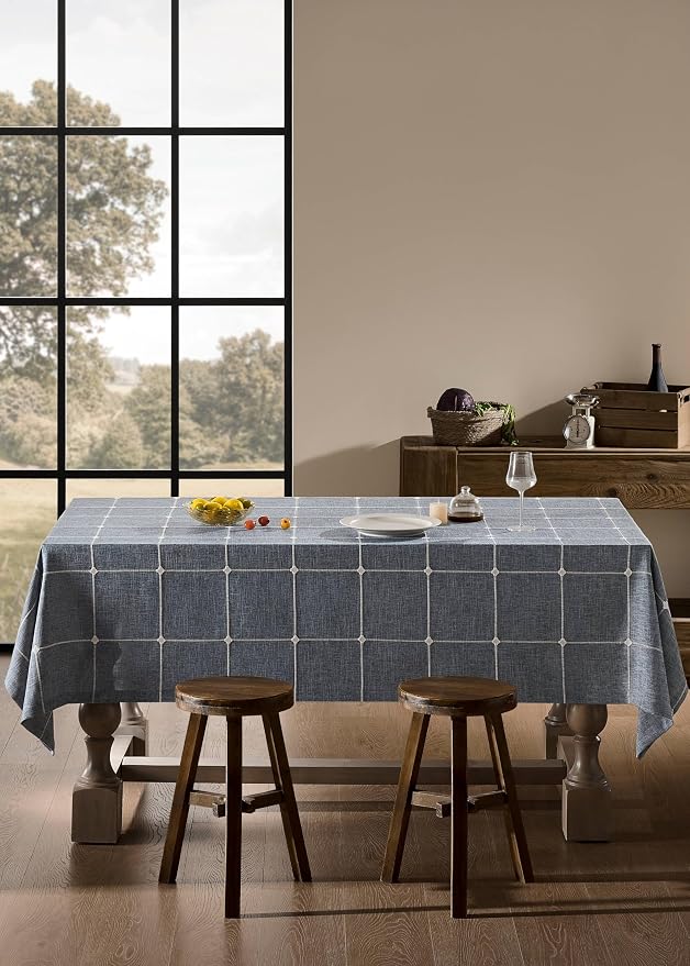 ZeeMart Grid Embroidered Hemmed Tablecloths, Blue Ashes 60x60 Inch, Farmhouse Style Heavy Weight Cotton Linen Blue Grey Tablecloths, Boho Plaid Water Resistant Square Table Cloth
