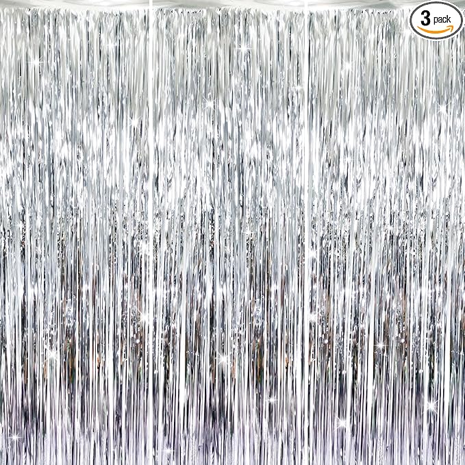 GOER 3.2 ft x 8.2 ft Metallic Tinsel Foil Fringe Curtains Party Photo Backdrop Party Streamers for Birthday,Graduation,New Year Eve Decorations Wedding Decor (Silver,3 pcs)