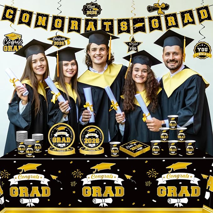 Graduation Decorations 2026 Black and Gold, Congratulations Party Favors Supplies Paper Plates Napkins Cups Tablecloth for 25 Guests, Disposable Tableware Accessories for College & Middle School