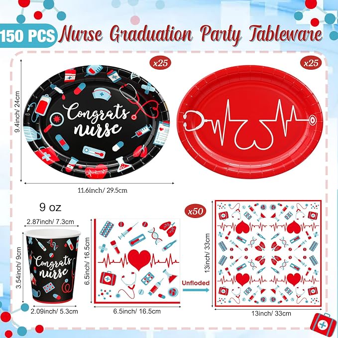 Vesici 150 Pcs Nurse Graduation Party Supplies Congrats Nurse Tableware Set Oval Paper Plate Cup and Napkin 10" x 12" Large Heavy Duty Disposable Plate for Rn School Graduation Celebration, Serves 50