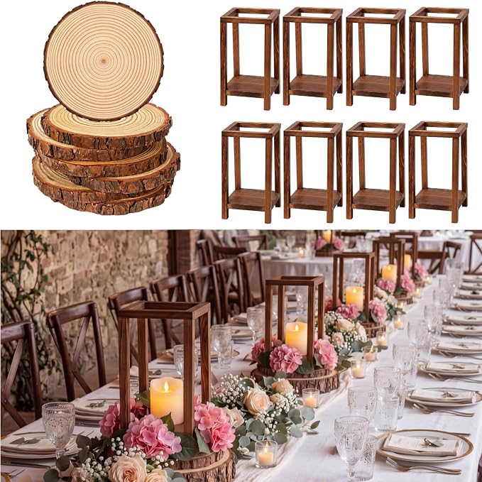 Leinuosen 12 Set Wooden Wedding Lantern Centerpiece Baptism Wooden Lantern Candle Holder and Wood Slices, Rustic Decorative Home Centerpiece for Wedding Table Party Farmhouse Country Decor