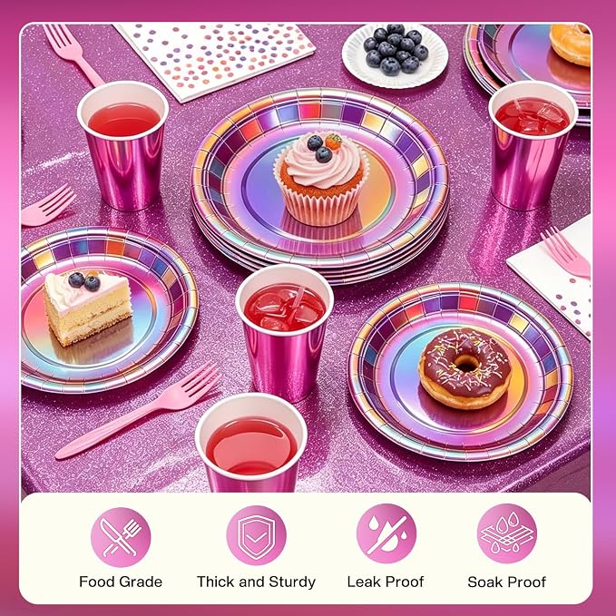 Pink Iridescent Party Supplies Holographic Birthday Decorations with Pink Paper Plates Napkins Cups Forks Tablecloth Birthday Banner & Star Garlands Kpop Disco Y2K Party Serve 24 (Iridescent Pink)