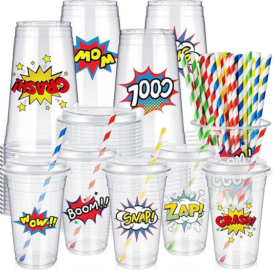 FoldTier 60 Set Hero Theme 20 oz Plastic Cups Disposable Clear Cups with Lids and Paper Straws for Hero Party Favor Supplies Decorations