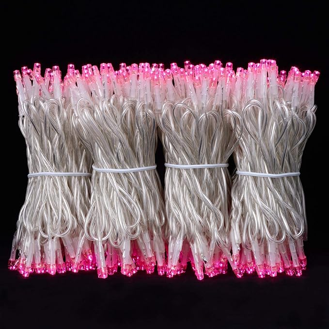 YULETIME 300 Pink String Lights, 100 ft 8 Models Clear Wire Wide Angle LED | 5mm Bulbs, Safe 29V Adapter, Multimode Lighting, Connectable, 100' Total Length, 1-Strand 300 Lights, 4" Spacing