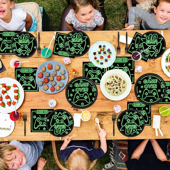 96pcs Video Game Party Supplies Tableware Set Neon Game On Paper Plates and Napkins Green Gaming Birthday Party Decorations Favors for Boys Kids Gamer Baby Shower,Serves 24
