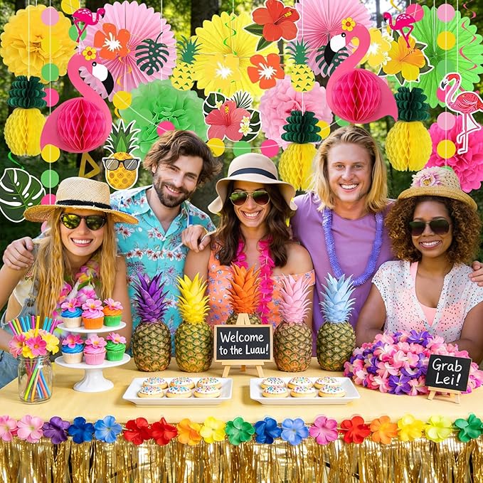 ADLKGG 21 Pcs Tropical Luau Party Decorations, 21" Large 3D Flamingo Honeycombs, Paper Fans, Banners, Hanging Swirls for Hawaiian Birthday, Summer Beach Party, Classroom Decor