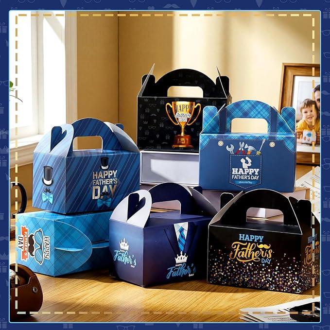 Dunzoom 24 Pcs Father's Day Gift Boxes Happy Father's Day Party Supplies Black Blue and Golden Goodie Candy Boxes Holiday Paper Gift Container for Dad's Birthday Decoration