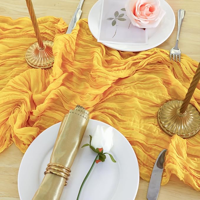 3 Pack Gold Cheesecloth Table Runner 120 Inch 10FT Cheese Cloth Fabric Runners for Spring Home Decor, Birthday, Banquet, Wedding Decoration