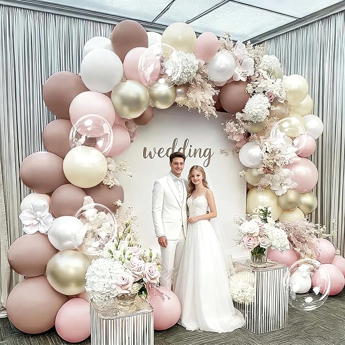 Dusty Pink White Beige Balloon Arch, Double Stuffed Pink Mauve Pearl White Nude Gold Balloon Garland Kit Boho Blush Cream Balloons for Birthday Baby Shower Bridal Wedding Mother's Day Party Decor