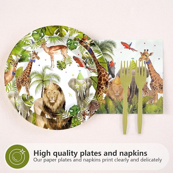 96Pcs African Safari Birthday Decorations Jungle Theme Plates Forks and Napkins Wild Animals Disposable Paper Plates for Jungle Zoo Lion Birthday Party Supplies Serves 24
