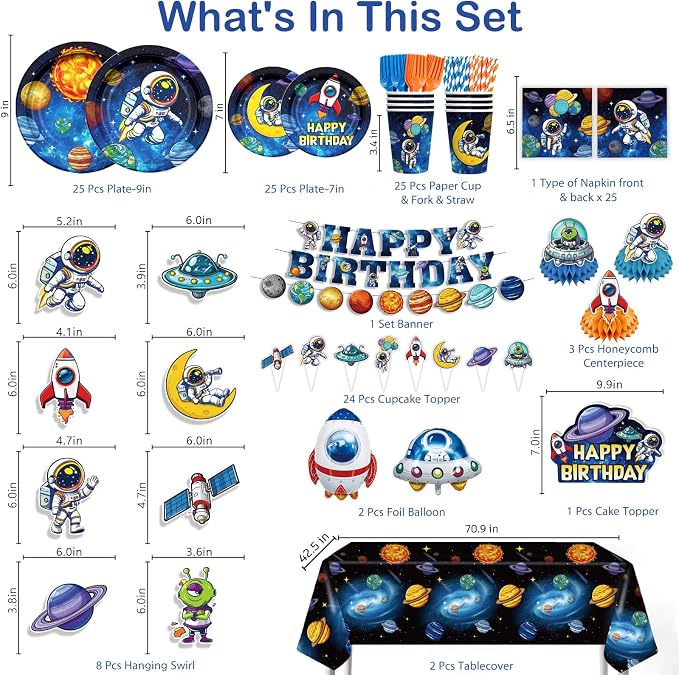 NeoRov 220 Pcs Space Themed Birthday Party Decorations Tableware Set | Service 25 Guests | Includes Banner, Cake Topper, Balloons, Plates And Napkins Paper Cup | For Space Astronaut Themed Party