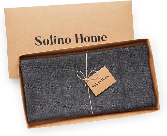 Solino Home Linen Square Tablecloth 52 x 52 Inch - 100% Pure Linen Charcoal Grey Table Throw - Athena, Machine Washable Tablecloth for Summer