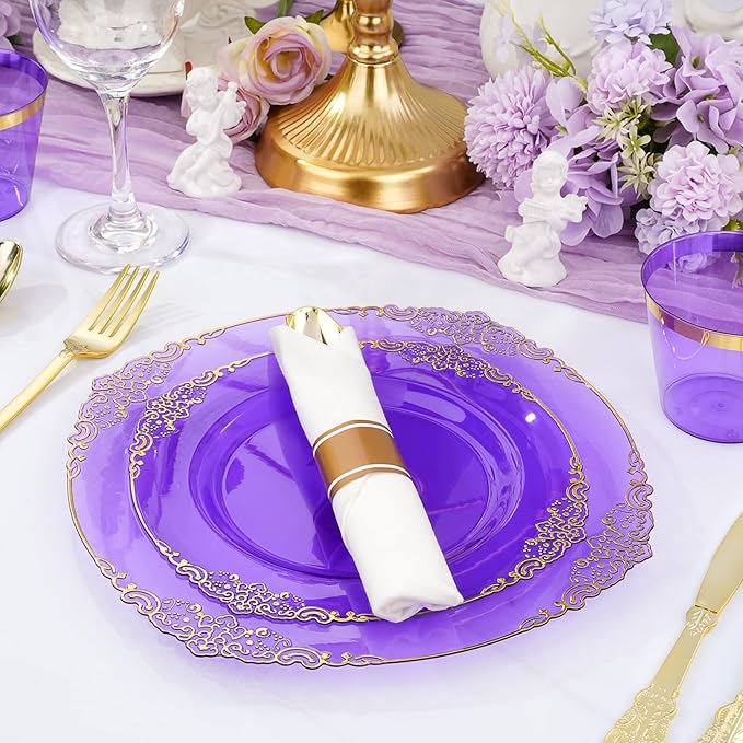 Bestluck 350 PCS Purple and Gold Plastic Plates, Disposable Dinnerware Set for 50 Guests, 100 Disposable Plates, 150 Silverwares, 50 Cups, 50 Napkins for Party, Wedding, Graduation
