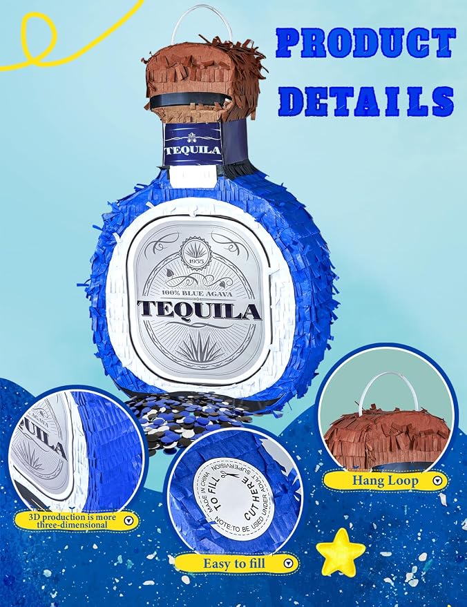 Adult Tequila Piñata with Blindfold, Confetti, and Wood Stick, Funny Piñata for Adults,21st, Mexican Theme Party Decorations(16 x 12 x 3.5 Inches)