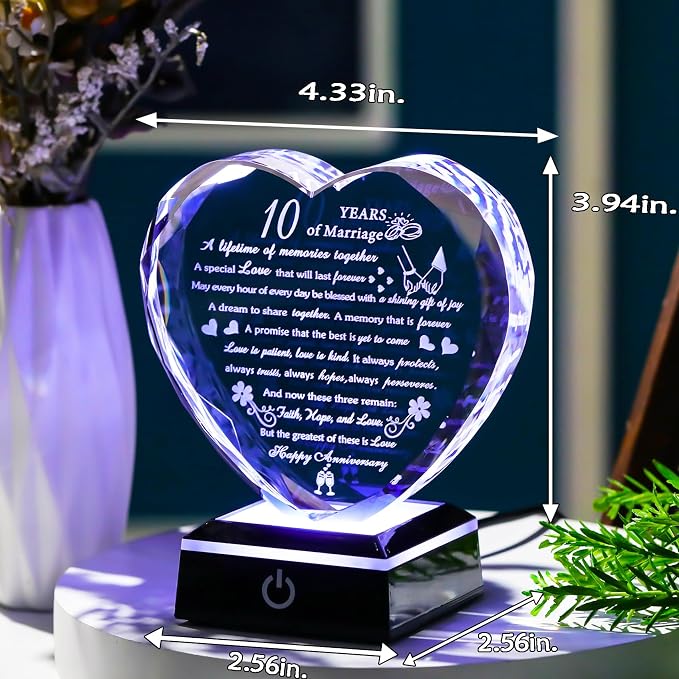 10th Wedding Anniversary Crystal Gifts for Couples with Colorful LED Base, 10th Anniversary Keepsake Gifts for Her Him, Romantic 10 Years of Marriage Heart Gift for Wife Husband
