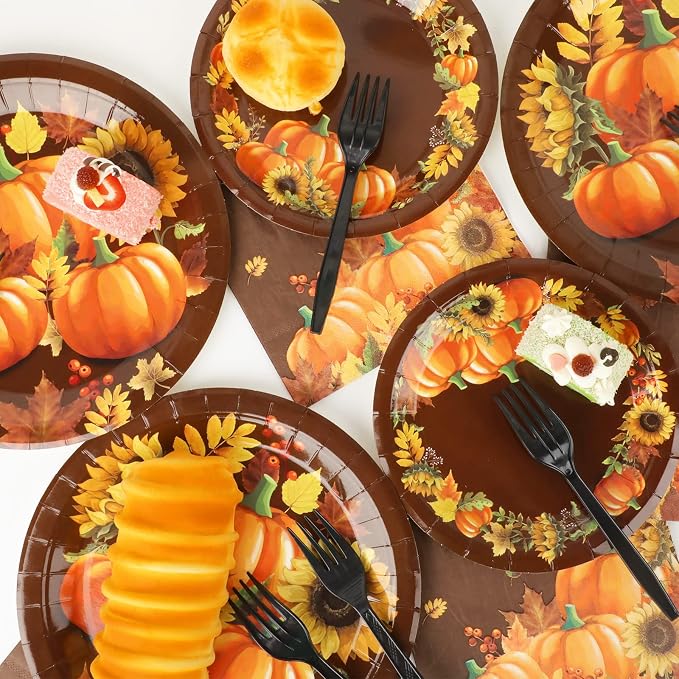 chiazllta 96 Pcs Thanksgiving Party Paper Plate and Napkins Supplies Fall Pumpkin & Sunflower Dessert Plates Thanksgiving Disposable Tableware Paper Plates Napkins Forks for Party Favors 24 Guests
