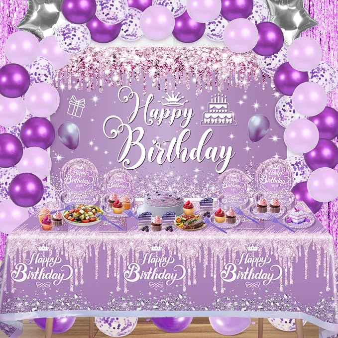 116 Pcs Purple Silver Birthday Decorations for Women Girls, Happy Birthday Banner Foil Balloons Plates Cups Napkins Tablecloth Purple Party Set Fringe Curtains Disposable Tableware Serve 20 Supplies