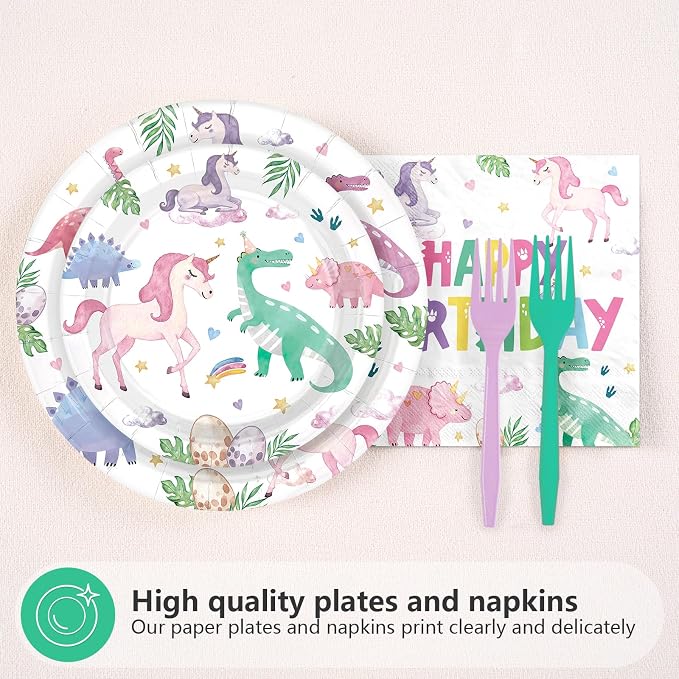 96Pcs Dinosaur Unicorn Birthday Party Decorations Dinosaur Unicorn Birthday Plates and Napkins Set Rainbow Dino Decoration for Girls Princess Magical Pastel Pink Rainbow Bday Party Supplies Serves 24