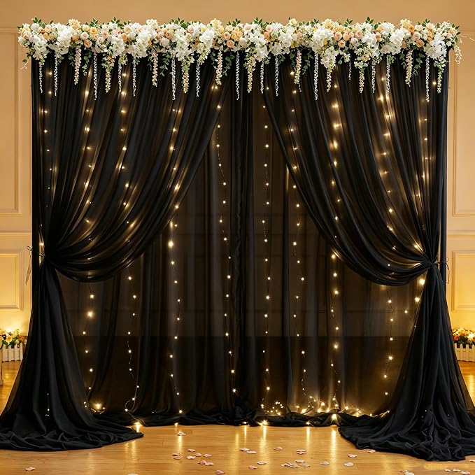 20 x 10ft Black Chiffon Backdrop Curtain with Lights String for Parties,4 Panels Sheer Tulle Curtain Wedding Backdrop for Baby Shower Birthday Party Ceremony Reception Home Decorations