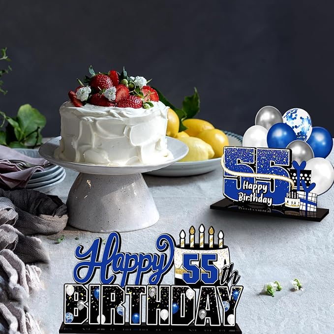 LINGTEER Happy 55th Birthday Blue Acrylic Table Topper Centerpieces Set - Cheers to 55 Years Old Birthday 55th Bday Party Gift Decorations.