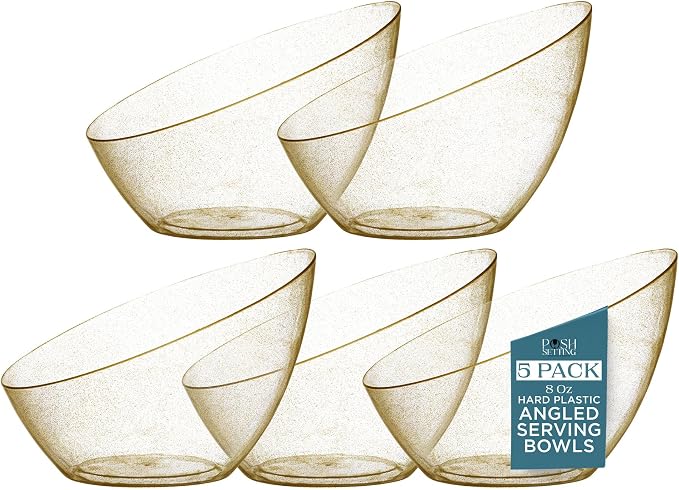 Posh Setting - Gold Plastic Serving Bowls for Party Angled Bowls Disposable Chip Bowls Candy Bowls for Party Table Salad and Fruit Bowls for Wedding Serving Bowls-Gold Glitter, 8 OZ, 5 Pack