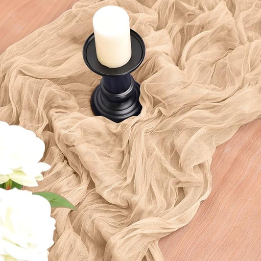 Joanlody Champagne Cheesecloth Table Runner Spring Summer 10Ft Rustic Gauze Boho Cheese Cloth Table Runner for Wedding Bridal Baby Shower Decoration