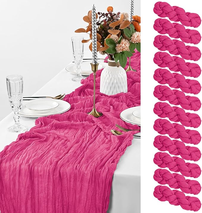 Pesonlook 12 Pack Hot Pink Rustic Boho Cheesecloth Table Runner, 10FT Long Semi Sheer, 21.5" W x 120" L, Polyester, Solid, Wedding/Birthday/Bridal Shower/Party Decorations