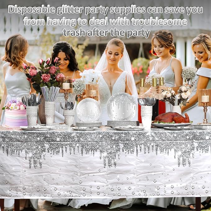 Funnymoom 452 Pcs Silver Birthday Party Decorations Include Diamonds Silver Glitter Paper Plates and Napkins Cups Tablecloth Cutlery Straws Disposable Tableware Set for Birthday Supplies