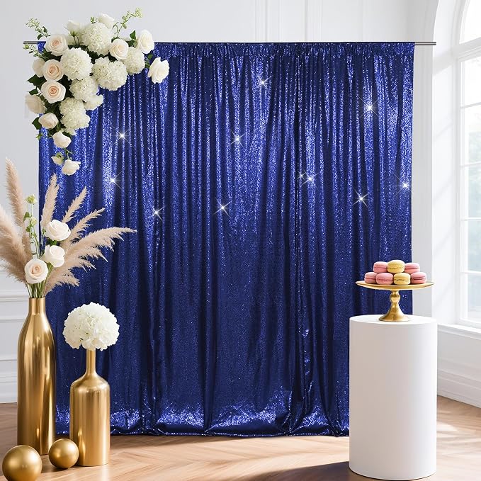 SquarePie 4x7ft Navy Blue Sequin Backdrop for Photography, Satin-Backed Real Sequin Curtain, Enhanced Coverage Shimmering Background with 4" Rod Pocket for Wedding, Birthday, Party Decor, 1 Panel