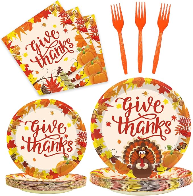 Kepeel 96 Pcs Fall Thanksgiving Party Supplies Give Thanks Party Plates Fall Pumpkin Turkey Autumn Party Plates Napkins Set Disposable Dinnerware Tableware for Thanksgiving Dinner Party, Serves 24