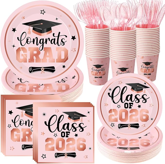 Funnymoom 400 Pcs Graduation Party Supplies Class of 2026 Graduation Paper Plate Napkin Cup Cutlery Congrats Grad Disposable Tableware Set for Grad Party Decorations, Serve 50 (Pink,Black)