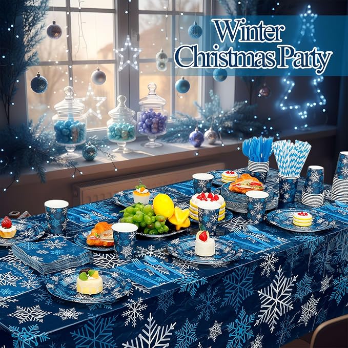 Funnymoom 452 Pcs Winter Dark Blue Snowflake Party Supplies for 50, Blue Silver White Snowflake Paper Plates Napkins Cups Tablecloth Cutlery Straws for Winter Birthday Wonderland Party Decoration