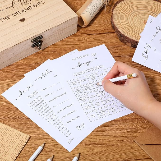 Silipull Bridal Shower Games Set for 50 Guests Includes Bingo, He Said She Said, Scramble, Would She Rather, Advice and Wishes Wedding Games Double Sided with Wooden Box, 20 Pencils(Minimalist)