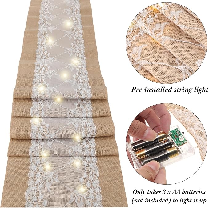 Xinnun 6 Pack Burlap Table Runner with Warm LED Lights,Rustic Lace Wedding Table Decor,Boho Farmhouse Jute Runner for Reception Bridal Shower Party(Fashion,12x70 Inches)