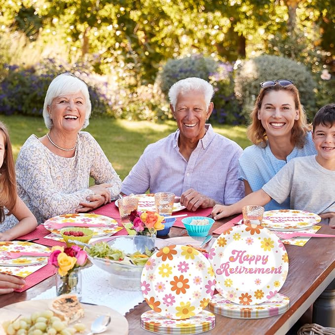 96Pcs Retirement Party Supplies Happy Retirement Plates and Napkins Colorful Daisy Flower Tableware Set Floral Disposable Dinnerware for Women Goodbye Going Away Farewell Party Decorations 24 Guests
